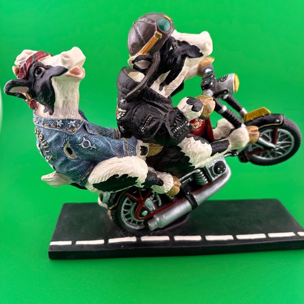 Vintage Highway Holsteins Resin Motorcycle Cows 1994 Black White Joyful Wheelie